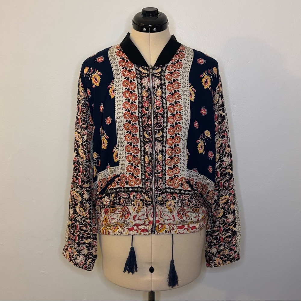 Angie Boho Soft Bomber Zip Up Jacket, Navy & Multicolor Floral, 100% Rayon, L
